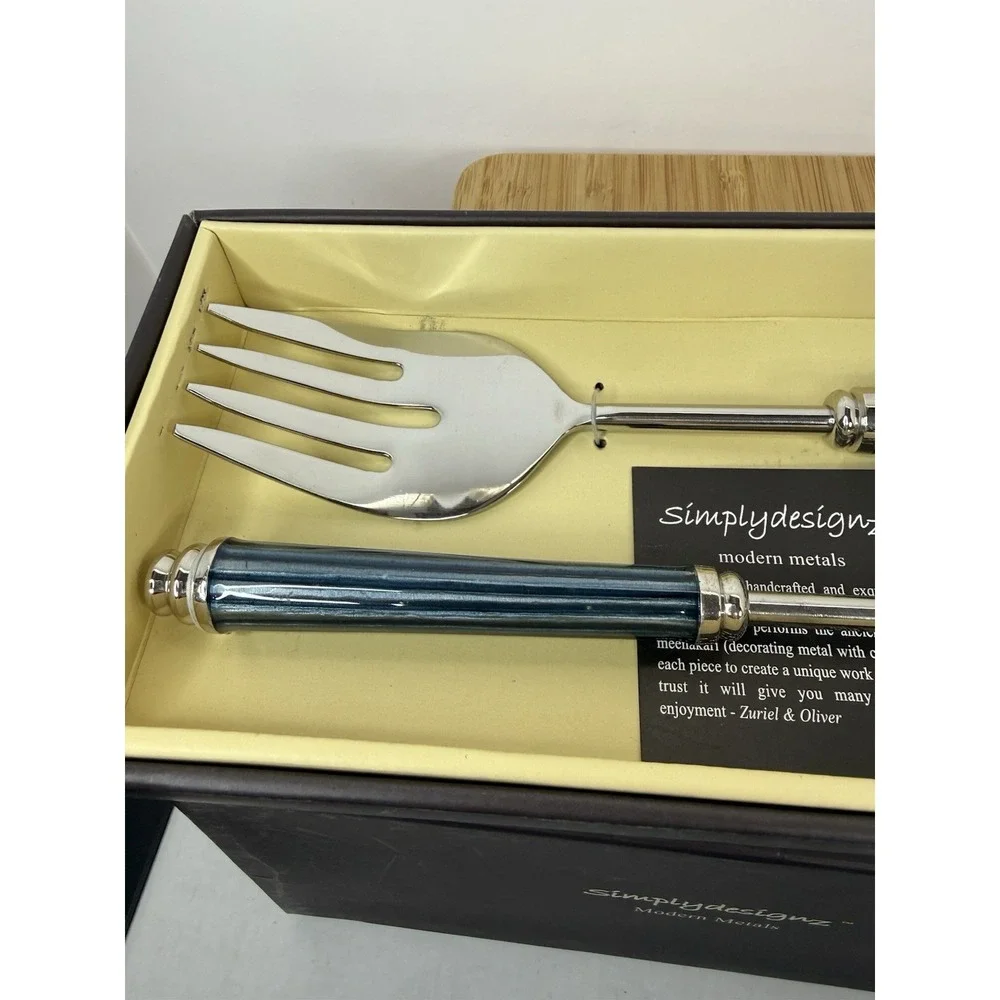 SIMPLYDESIGNZ‎ Metal Works SPICE BLUE Spoon Fork Salad Serving Set Meenakari NEW